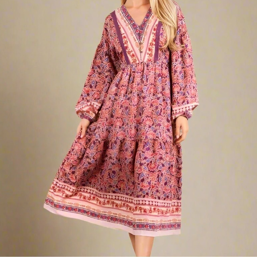 New In Boutique Mauve & Violet Boho Border Print Midi Dress Small NWT